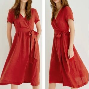 Grae Cove NWT Poppy Red 100% Linen Wrap Belted Midi Dress Size Size Medium